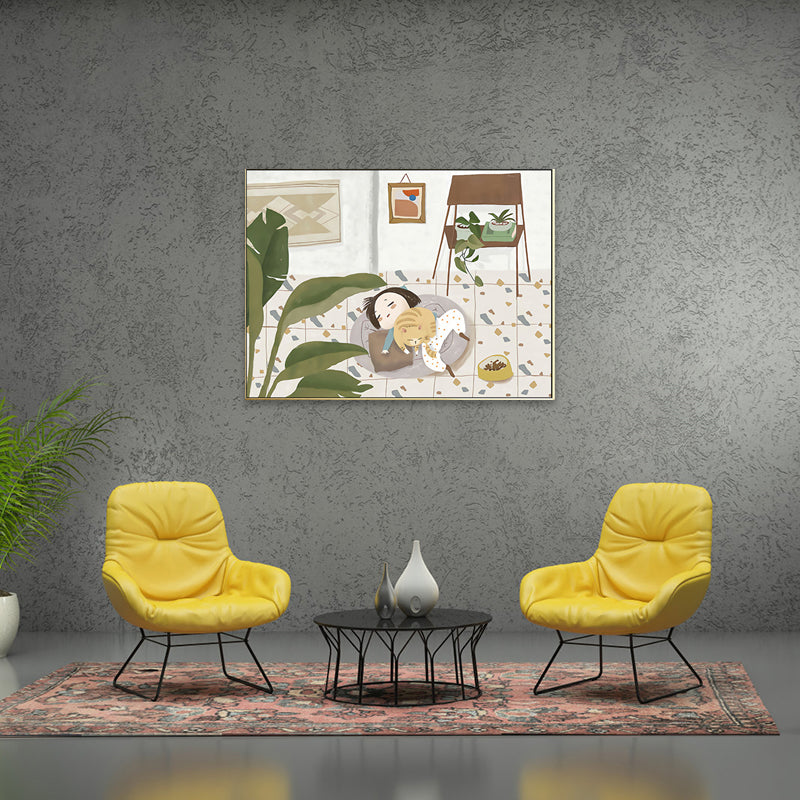 Pastel Color Cartoon Cat Painting Textured Contemporary Style Dining Room Wall Art Green Clearhalo 'Art Gallery' 'Canvas Art' 'Contemporary Art Gallery' 'Modern' Arts' 1726524