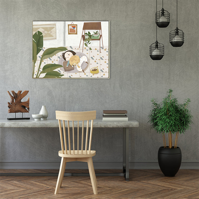 Pastel Color Cartoon Cat Painting Textured Contemporary Style Dining Room Wall Art Clearhalo 'Art Gallery' 'Canvas Art' 'Contemporary Art Gallery' 'Modern' Arts' 1726526