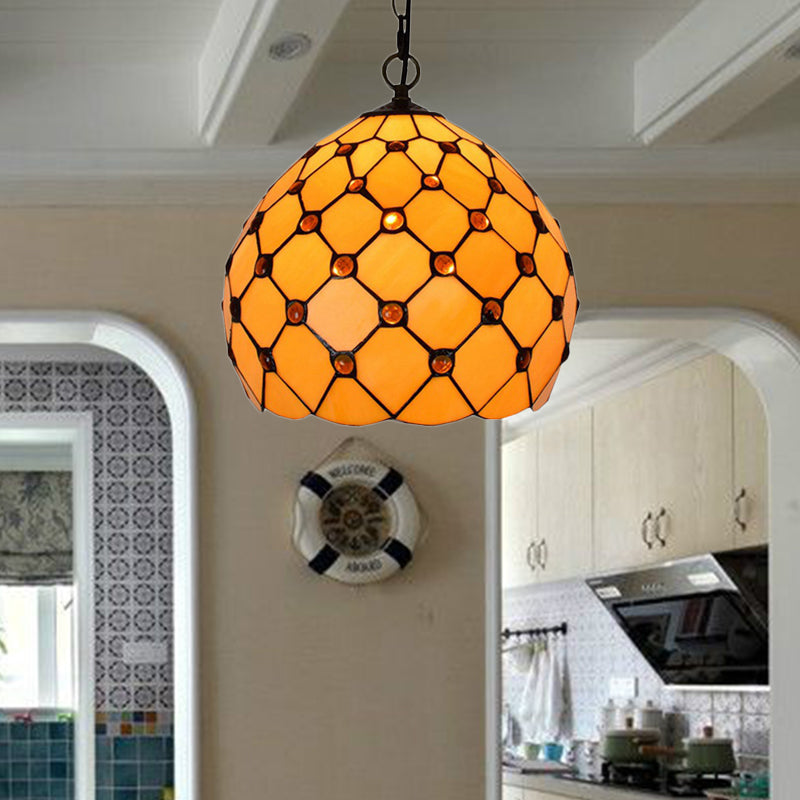 Orb Stained Glass Ceiling Lamp Tiffany Single Light Yellow Pendant Lighting Fixture with Jewel for Porch Yellow Clearhalo 'Ceiling Lights' 'Close To Ceiling Lights' 'Industrial' 'Middle Century Pendants' 'Pendant Lights' 'Pendants' 'Tiffany close to ceiling' 'Tiffany Pendants' 'Tiffany' Lighting' 172653