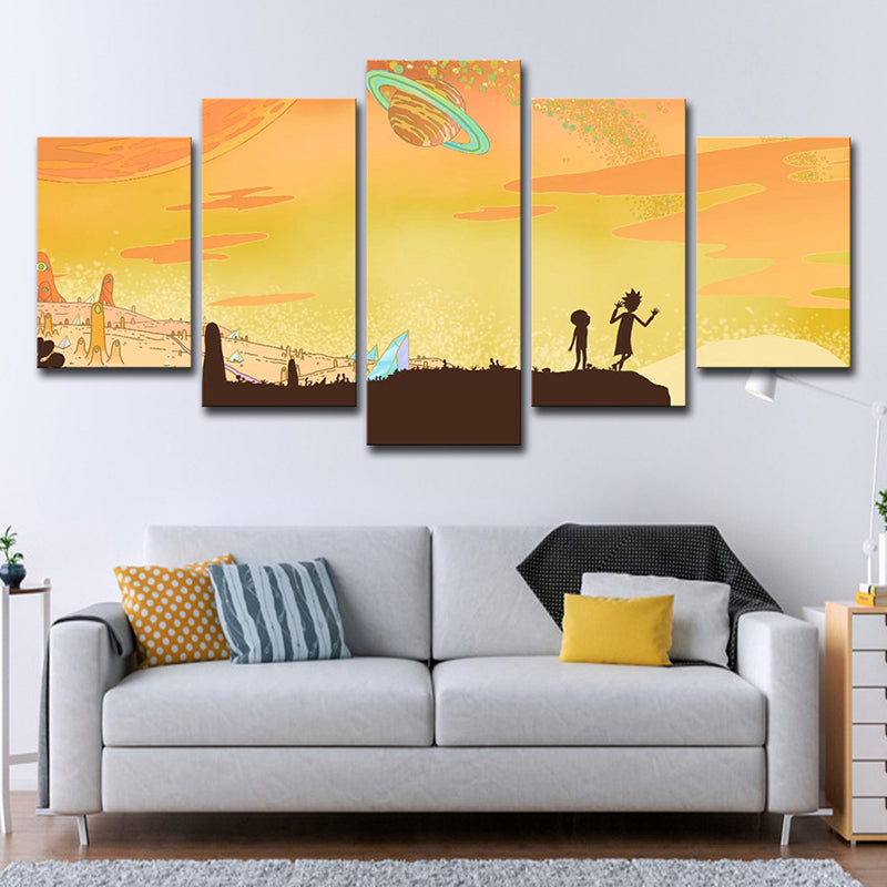 Cartoon the Other World Canvas Yellow Multi-Piece Wall Art Print for Living Room Clearhalo 'Art Gallery' 'Canvas Art' 'Kids' Arts' 1726743