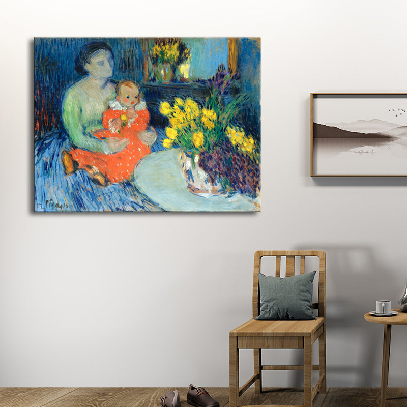 Kid and Women Painting in Blue Impressionism Style Wall Art Decor for Dining Room Blue Clearhalo 'Arts' 'Canvas Art' 1726962