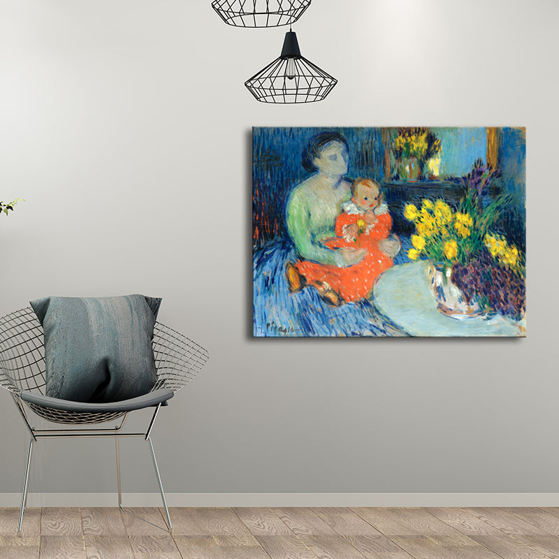 Kid and Women Painting in Blue Impressionism Style Wall Art Decor for Dining Room Clearhalo 'Arts' 'Canvas Art' 1726963