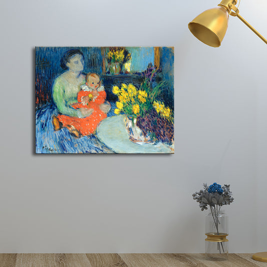 Kid and Women Painting in Blue Impressionism Style Wall Art Decor for Dining Room Clearhalo 'Arts' 'Canvas Art' 1726964