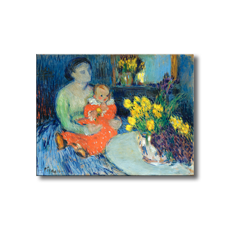 Kid and Women Painting in Blue Impressionism Style Wall Art Decor for Dining Room Clearhalo 'Arts' 'Canvas Art' 1726965