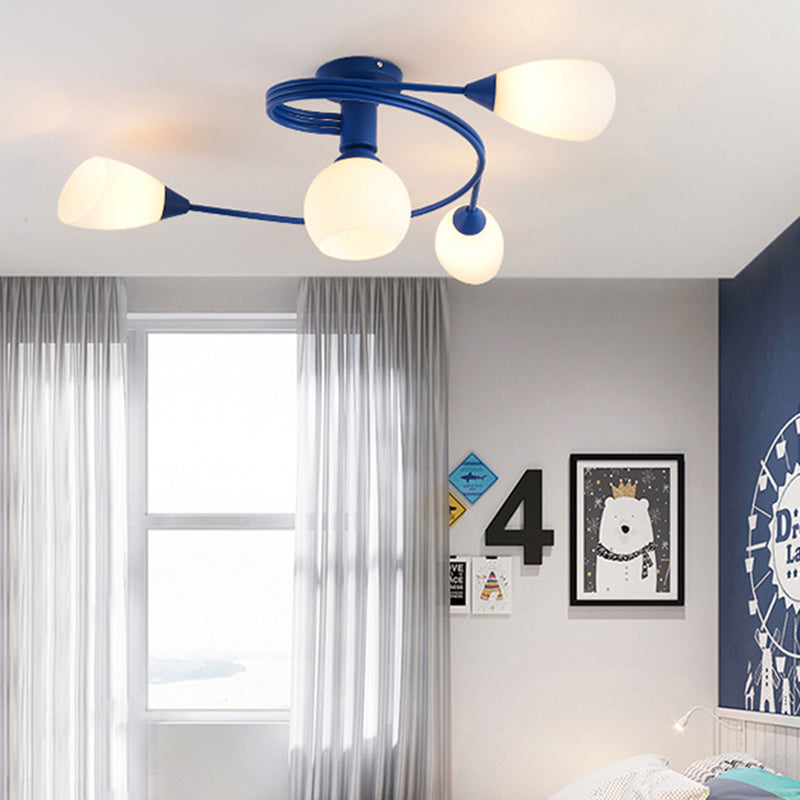 Metallic Twisted Arm Ceiling Lamp Kid Bedroom Kindergarten Modern Semi Flush Ceiling Light 4 Blue Clearhalo 'Ceiling Lights' 'Close To Ceiling Lights' 'Close to ceiling' 'Glass shade' 'Glass' 'Semi-flushmount' Lighting' 172699