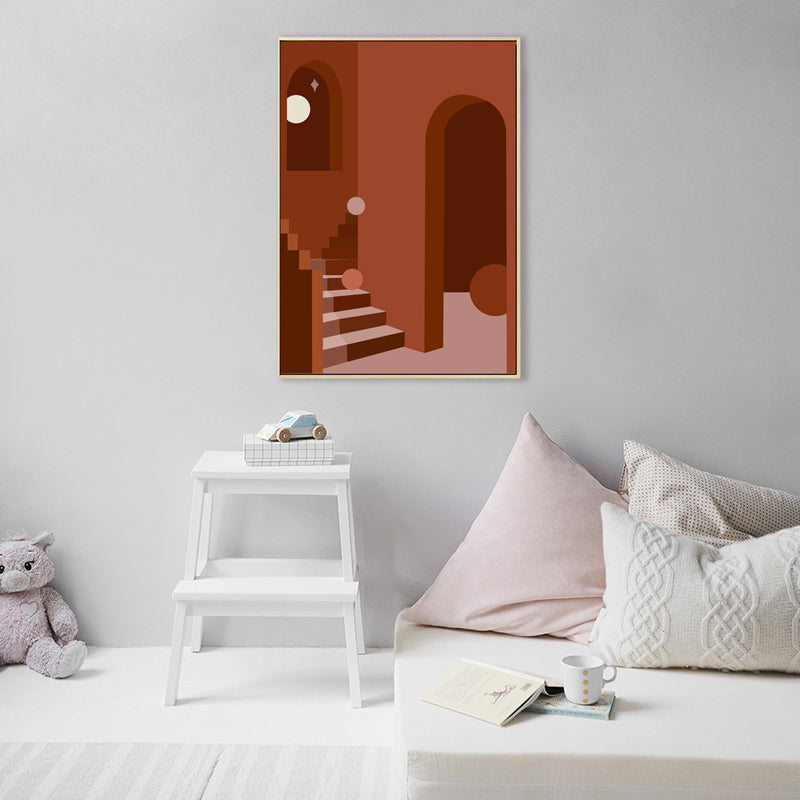 Nordic Style Indoor Staircase Painting in Soft Color Textured Canvas for Dining Room Red Clearhalo 'Arts' 'Canvas Art' 1727010