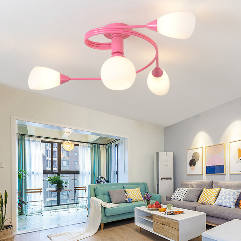 Metallic Twisted Arm Ceiling Lamp Kid Bedroom Kindergarten Modern Semi Flush Ceiling Light 4 Pink Clearhalo 'Ceiling Lights' 'Close To Ceiling Lights' 'Close to ceiling' 'Glass shade' 'Glass' 'Semi-flushmount' Lighting' 172704