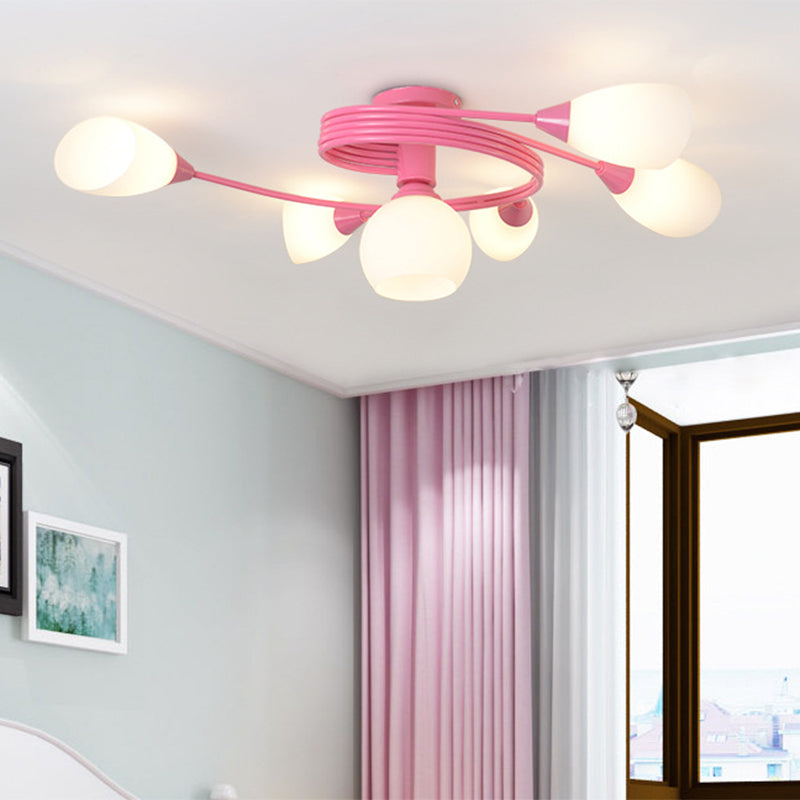 Metallic Twisted Arm Ceiling Lamp Kid Bedroom Kindergarten Modern Semi Flush Ceiling Light 6 Pink Clearhalo 'Ceiling Lights' 'Close To Ceiling Lights' 'Close to ceiling' 'Glass shade' 'Glass' 'Semi-flushmount' Lighting' 172707