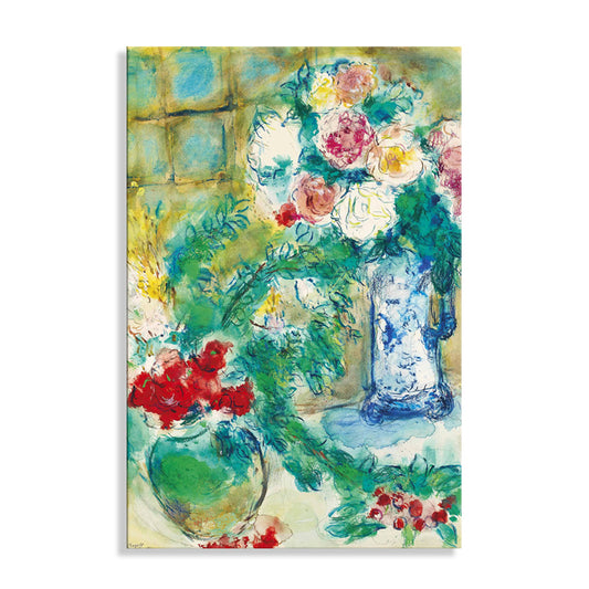 Peinture de fleurs vertes et de vase dessinant une toile texturée rustique française pour salle de jeux