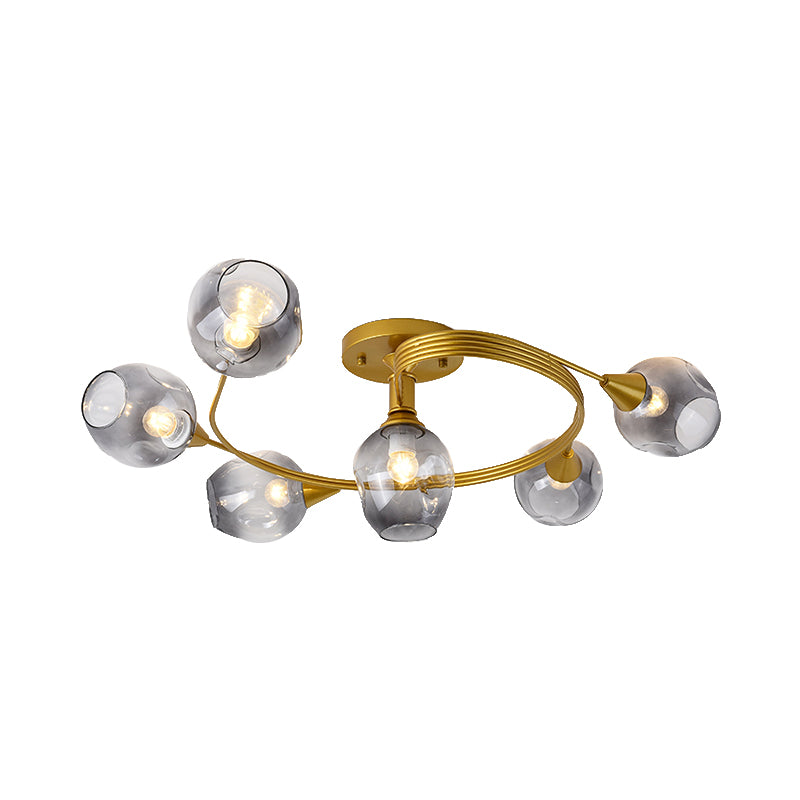 Bud Shade Study Room Ceiling Light with Gold Twist Arm Glass Modern Semi Flushmount Light in Smoke Gray Clearhalo 'Ceiling Lights' 'Close To Ceiling Lights' 'Close to ceiling' 'Glass shade' 'Glass' 'Semi-flushmount' Lighting' 172752