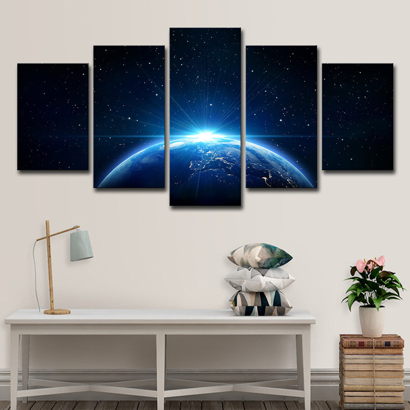 Planet and Starry Sky Canvas Art Science Fiction Multi-Piece Wall Decor in Blue for Kids Room Blue Clearhalo 'Art Gallery' 'Canvas Art' 'Kids' Arts' 1727526