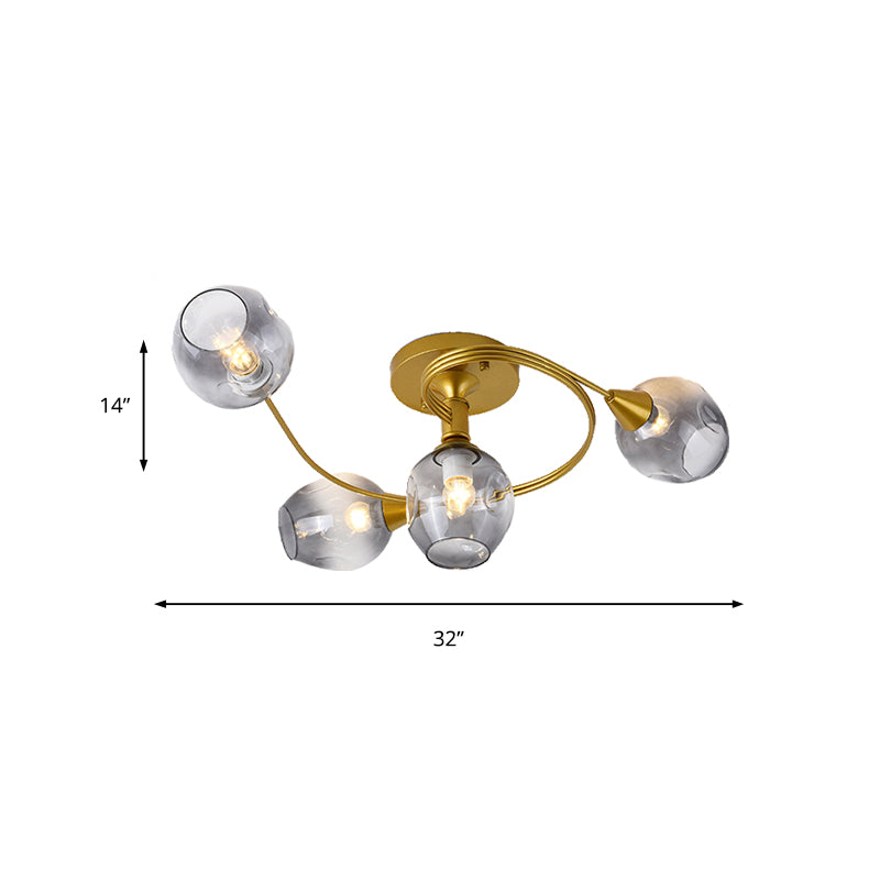 Bud Shade Study Room Ceiling Light with Gold Twist Arm Glass Modern Semi Flushmount Light in Smoke Gray Clearhalo 'Ceiling Lights' 'Close To Ceiling Lights' 'Close to ceiling' 'Glass shade' 'Glass' 'Semi-flushmount' Lighting' 172756