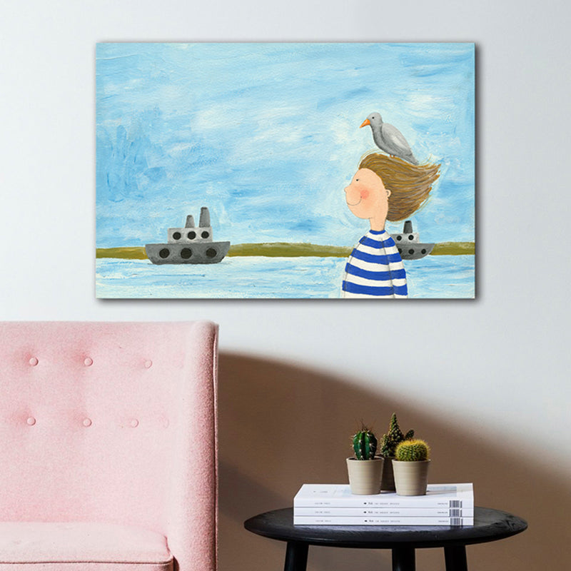 Textured Girl and Sea Painting Contemporary Art Canvas Wall Decor, Multiple Sizes Blue Clearhalo 'Arts' 'Canvas Art' 1727715