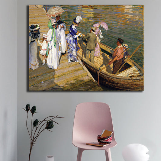 Boat Dock View Wall Decor in Brown Impressionism Canvas for Living Room, Multiple Sizes Clearhalo 'Arts' 'Canvas Art' 1728385