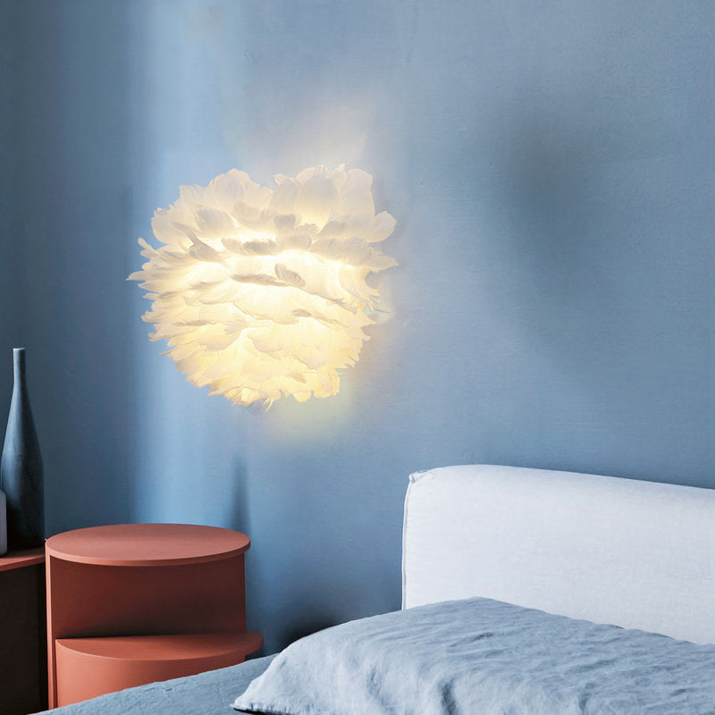 Feather Globe Wall Light Modern Romantic Sconce Lamp in White for Adult Bedroom Stair White Clearhalo 'Wall Lamps & Sconces' 'Wall Lights' Lighting' 172847