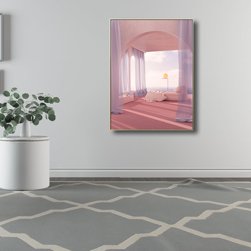 Curtain and Window Scene Canvas for Dining Room in Light Color, Multiple Sizes Options Pink Clearhalo 'Art Gallery' 'Canvas Art' 'Contemporary Art Gallery' 'Modern' Arts' 1728501