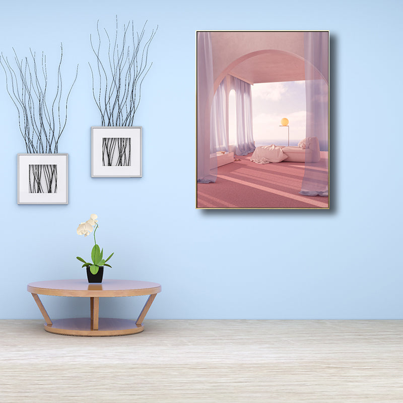 Curtain and Window Scene Canvas for Dining Room in Light Color, Multiple Sizes Options Clearhalo 'Art Gallery' 'Canvas Art' 'Contemporary Art Gallery' 'Modern' Arts' 1728502