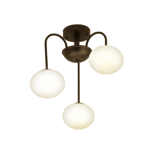 Ball Frosted Glass Semi Flush Light Modern Stylish 3 Lights Black/White Ceiling Mounted Light with Curved Arm Clearhalo 'Ceiling Lights' 'Close To Ceiling Lights' 'Close to ceiling' 'Glass shade' 'Glass' 'Semi-flushmount' Lighting' 173005