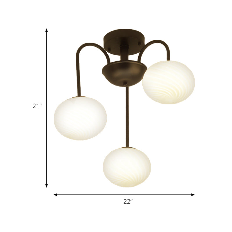 Ball Frosted Glass Semi Flush Light Modern Stylish 3 Lights Black/White Ceiling Mounted Light with Curved Arm Clearhalo 'Ceiling Lights' 'Close To Ceiling Lights' 'Close to ceiling' 'Glass shade' 'Glass' 'Semi-flushmount' Lighting' 173006