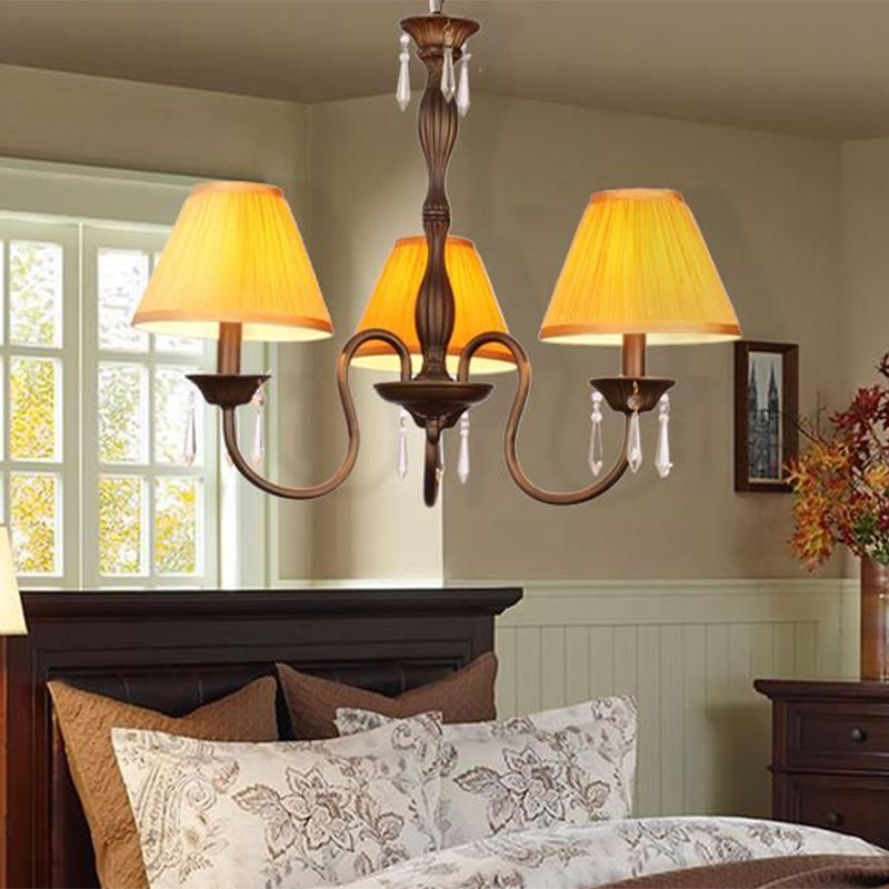 3 Lights Ceiling Lamp with Tapered Fabric Shade Traditional Bedroom Chandelier Pendant Light in Beige/Red/Yellow Yellow Clearhalo 'Ceiling Lights' 'Chandeliers' Lighting' options 1730339_f26606c0-1eb8-466b-a10c-ec37b46d1050