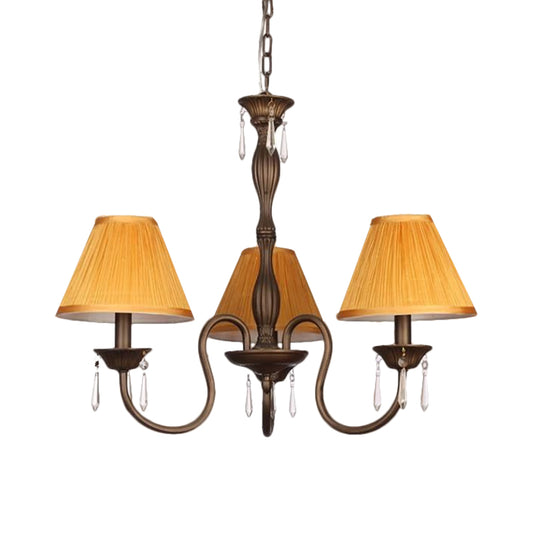 3 Lights Ceiling Lamp with Tapered Fabric Shade Traditional Bedroom Chandelier Pendant Light in Beige/Red/Yellow Clearhalo 'Ceiling Lights' 'Chandeliers' Lighting' options 1730342