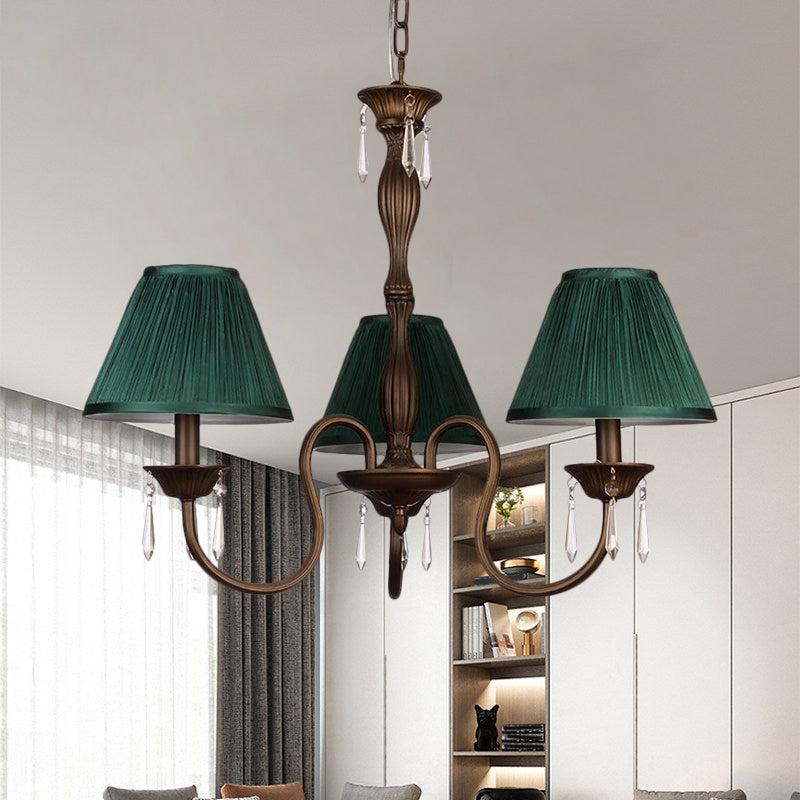 3 Lights Ceiling Lamp with Tapered Fabric Shade Traditional Bedroom Chandelier Pendant Light in Beige/Red/Yellow Green Clearhalo 'Ceiling Lights' 'Chandeliers' Lighting' options 1730344_37a6a1e0-dad7-4dff-b4f5-6656b130d4ce