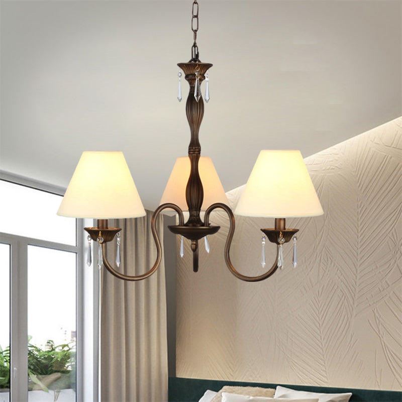 3 Lights Ceiling Lamp with Tapered Fabric Shade Traditional Bedroom Chandelier Pendant Light in Beige/Red/Yellow Beige Clearhalo 'Ceiling Lights' 'Chandeliers' Lighting' options 1730348_4314c019-81a4-45b7-9468-66057eb55628