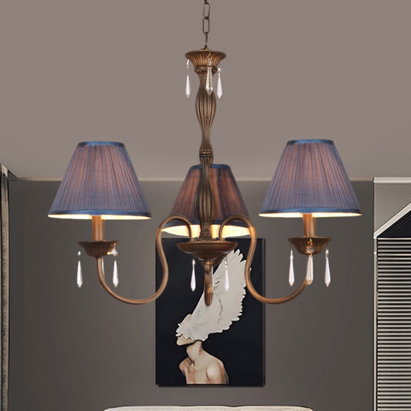 3 Lights Ceiling Lamp with Tapered Fabric Shade Traditional Bedroom Chandelier Pendant Light in Beige/Red/Yellow Blue Clearhalo 'Ceiling Lights' 'Chandeliers' Lighting' options 1730352_21f815e5-1a98-47c8-974d-c227037d72ff