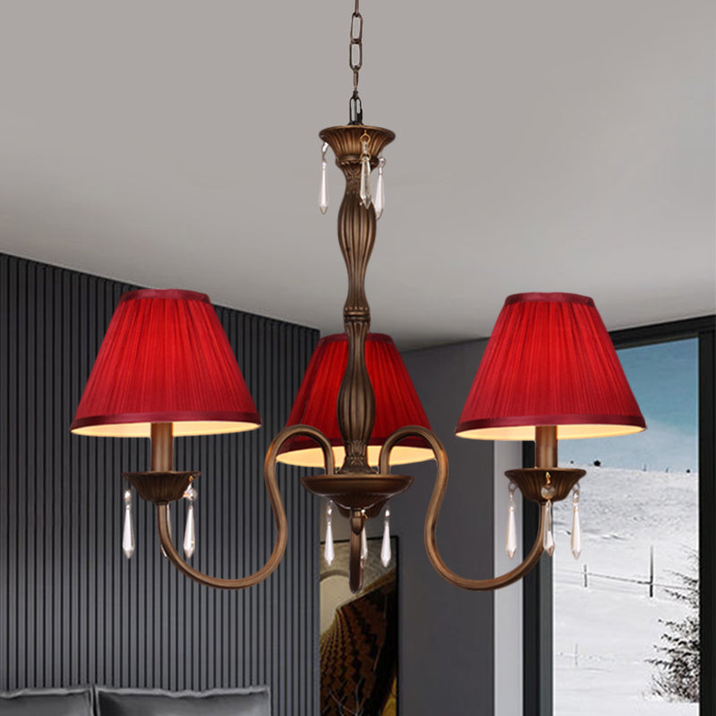 3 Lights Ceiling Lamp with Tapered Fabric Shade Traditional Bedroom Chandelier Pendant Light in Beige/Red/Yellow Red Clearhalo 'Ceiling Lights' 'Chandeliers' Lighting' options 1730356_381eb8bf-6ee0-44d9-9d79-351ca1c78214