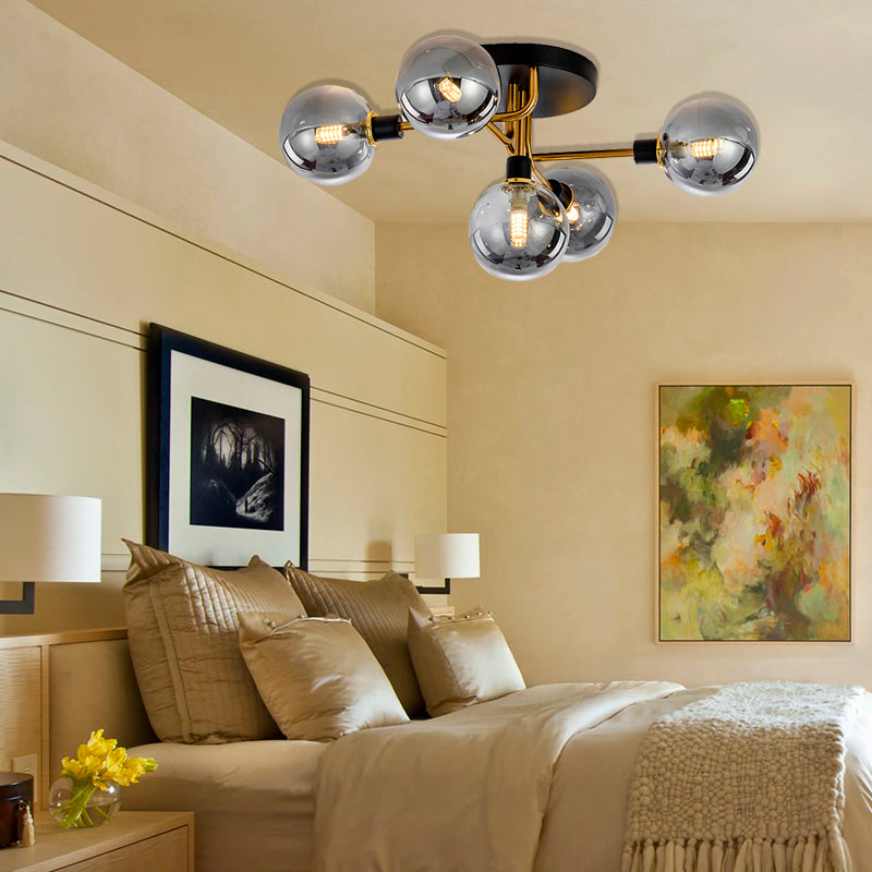 Sphere Shade Semi Ceiling Mount Light Multi-Head Modern Glass Metal Ceiling Lamp for Hotel 5 Smoke Gray Clearhalo 'Ceiling Lights' 'Close To Ceiling Lights' 'Close to ceiling' 'Glass shade' 'Glass' 'Semi-flushmount' Lighting' 173104