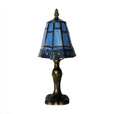 Mission Tiffany Cone Table Lighting Stained Glass 1 Head Standing Table Lamp in Beige/Blue for Bedroom Clearhalo 'Lamps' 'Table Lamps' Lighting' 17316