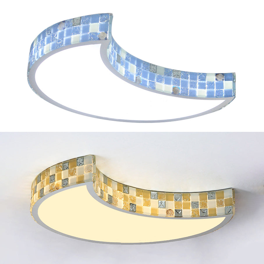 Yellow/Blue Moon Flush Light Tiffany Mosaic Glass and Acrylic LED Flush Ceiling Light for Bedroom Clearhalo 'Ceiling Lights' 'Close To Ceiling Lights' 'Close to ceiling' 'Flush mount' Lighting' 17319