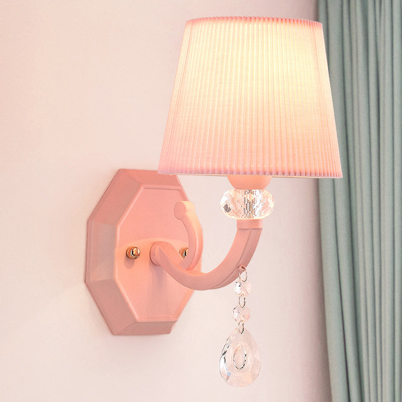 Fabric Fold Tapered Wall Lamp with Clear Crystal Girls Bedroom Kids Sconce Light in Pink Finish 1.0 Pink Clearhalo 'Wall Lamps & Sconces' 'Wall Lights' Lighting' 173205