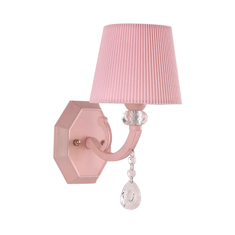 Fabric Fold Tapered Wall Lamp with Clear Crystal Girls Bedroom Kids Sconce Light in Pink Finish Clearhalo 'Wall Lamps & Sconces' 'Wall Lights' Lighting' 173208