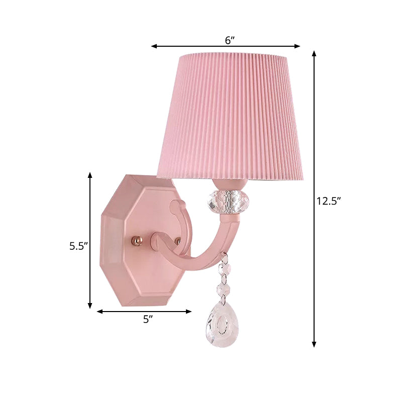 Fabric Fold Tapered Wall Lamp with Clear Crystal Girls Bedroom Kids Sconce Light in Pink Finish Clearhalo 'Wall Lamps & Sconces' 'Wall Lights' Lighting' 173209