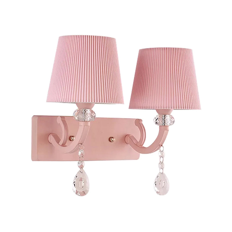 Fabric Fold Tapered Wall Lamp with Clear Crystal Girls Bedroom Kids Sconce Light in Pink Finish Clearhalo 'Wall Lamps & Sconces' 'Wall Lights' Lighting' 173215