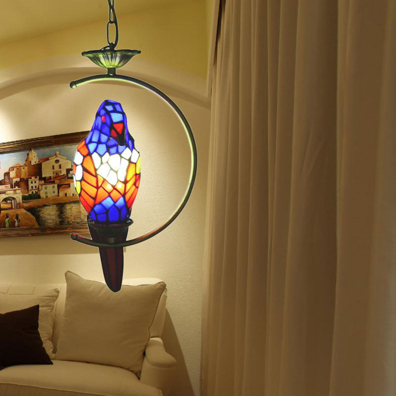 Blue/Green Parrot Suspension Pendant Light Tiffany Style 1 Light Stained Art Glass Ceiling Lamp for Bedroom Blue Clearhalo 'Ceiling Lights' 'Industrial' 'Middle Century Pendants' 'Pendant Lights' 'Pendants' 'Tiffany close to ceiling' 'Tiffany Pendants' 'Tiffany' Lighting' 173289