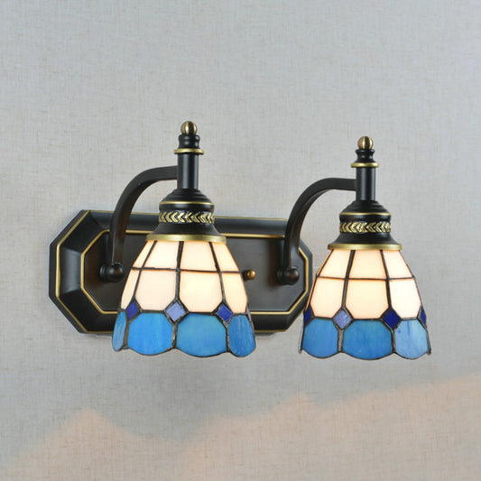 Mediterranean Bowl Wall Lighting Stained Glass 2 Lights Wall Sconce Lamp in Black for Bedroom Blue Clearhalo 'Industrial' 'Middle century wall lights' 'Tiffany wall lights' 'Tiffany' 'Wall Lamps & Sconces' 'Wall Lights' Lighting' 173483