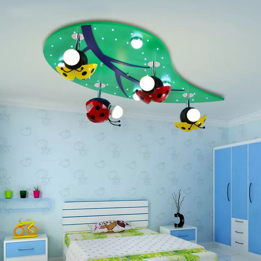 Wood Tree Ceiling Light with Ladybug Game Room Modern Flush Mount Light in Green Green Clearhalo 'Ceiling Lights' 'Close To Ceiling Lights' 'Close to ceiling' 'Flush mount' Lighting' 173535