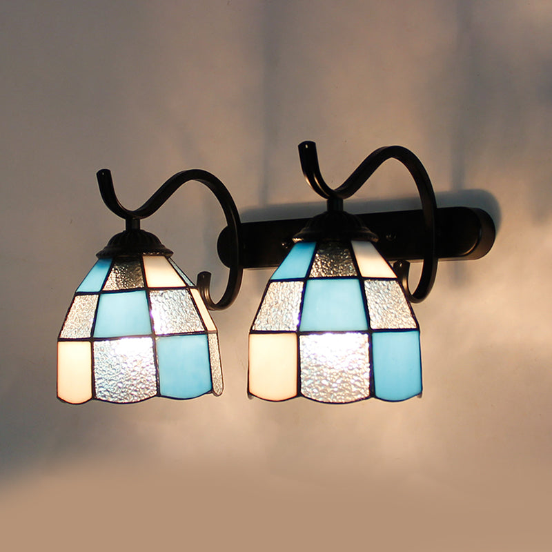 Tiffany Dome Wall Sconce Lamp Stained Glass 2 Heads Bathroom Wall Mount Light in Light Blue/Orange Red/Green/Clear/Royal Blue Clear Clearhalo 'Industrial' 'Middle century wall lights' 'Tiffany wall lights' 'Tiffany' 'Wall Lamps & Sconces' 'Wall Lights' Lighting' 173568