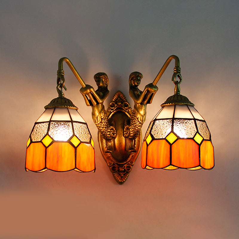 Grid Patterned Sconce Lighting Tiffany Dimpled Glass 2 Heads Orange/Green Wall Mounted Light Orange Clearhalo 'Industrial' 'Middle century wall lights' 'Tiffany wall lights' 'Tiffany' 'Wall Lamps & Sconces' 'Wall Lights' Lighting' 173635