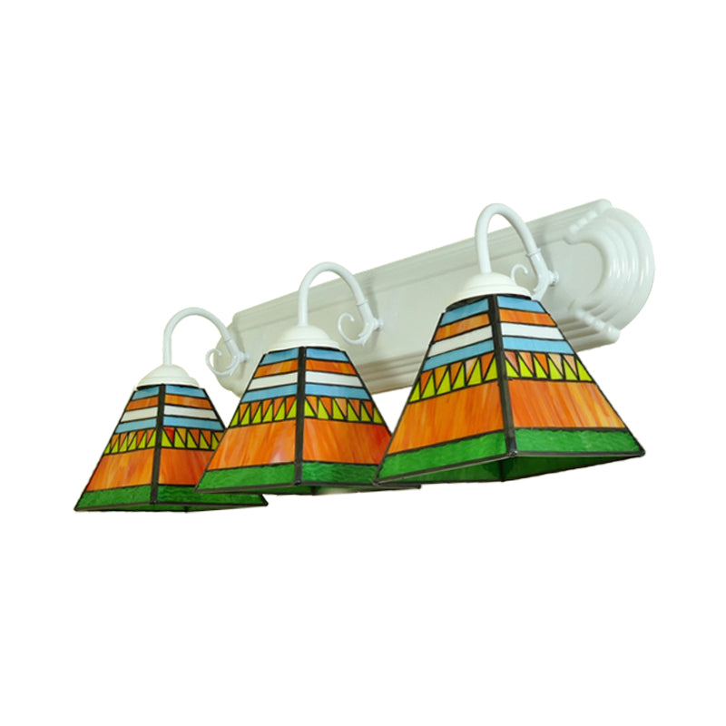 Pyramid Wall Mount Light Mission Style Stained Glass 3 Lights Bathroom Wall Lamp in Pink/Orange/Blue Clearhalo 'Industrial' 'Middle century wall lights' 'Tiffany wall lights' 'Tiffany' 'Wall Lamps & Sconces' 'Wall Lights' Lighting' 173730