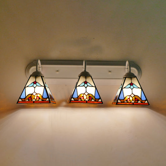3 Head Wall Light Fixture Tiffany Pyramid Stained Glass Sconce Lighting in White White Clearhalo 'Industrial' 'Middle century wall lights' 'Tiffany wall lights' 'Tiffany' 'Wall Lamps & Sconces' 'Wall Lights' Lighting' 173757