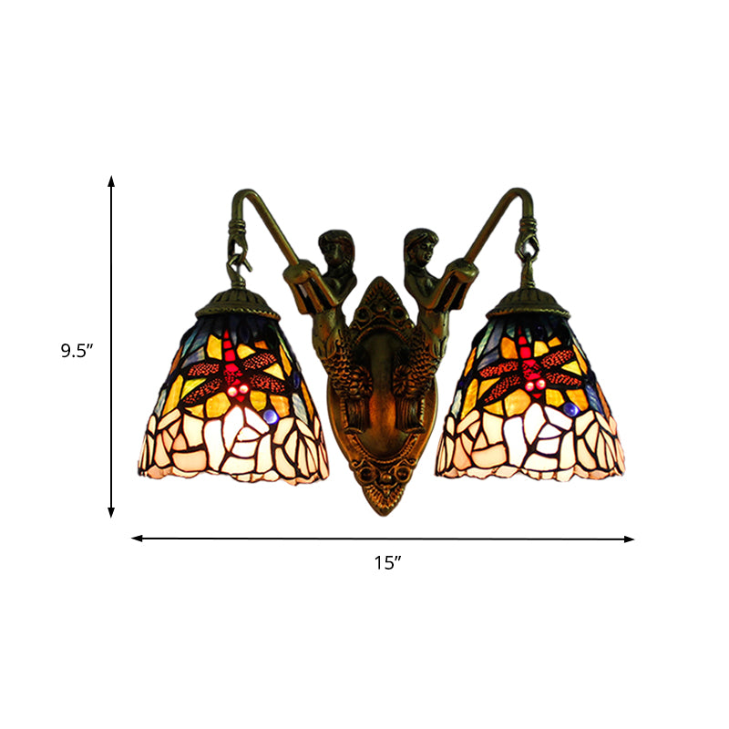 2 Heads Dragonfly Wall Mounted Light Baroque Brass Multicolor Stained Glass Sconce Light Clearhalo 'Industrial' 'Middle century wall lights' 'Tiffany wall lights' 'Tiffany' 'Wall Lamps & Sconces' 'Wall Lights' Lighting' 173793