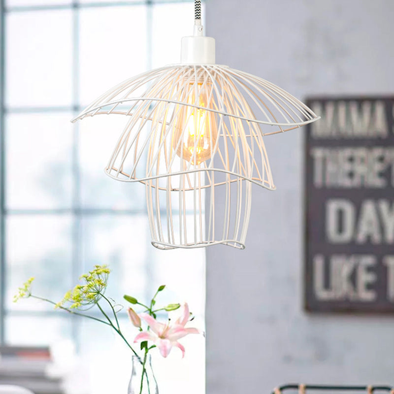 Three-Tiered Steel Cage Ceiling Light Modern Metal 1 Light Foyer Pendant Light Fixture in Black/White/Green Clearhalo 'Ceiling Lights' 'Modern Pendants' 'Modern' 'Pendant Lights' 'Pendants' Lighting' 173800