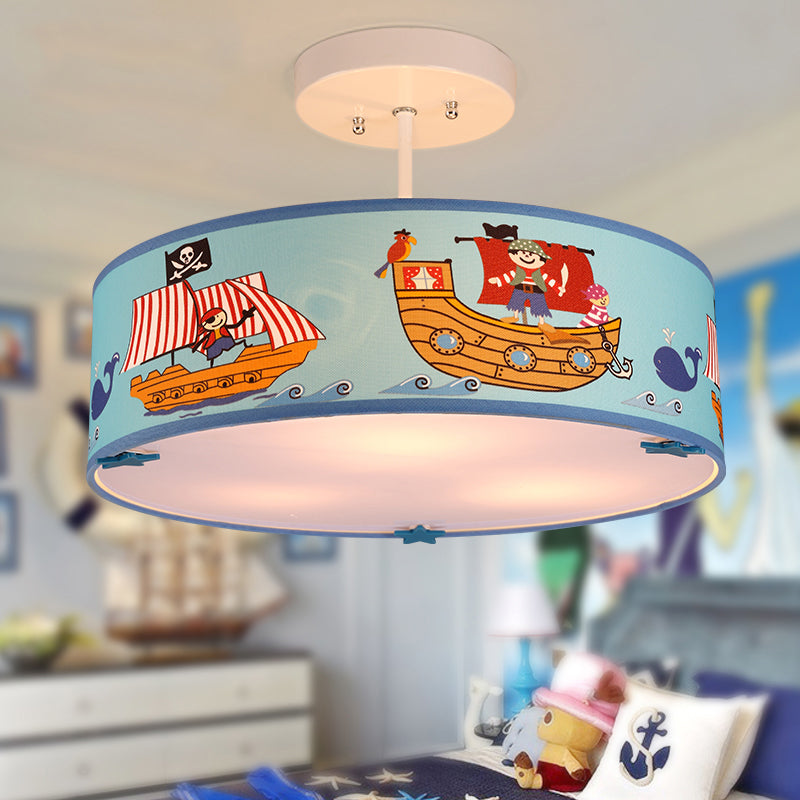 Kindergarten Drum Semi Flushmount Light Acrylic 3 Lights Blue Ceiling Light with Ship Blue Clearhalo 'Ceiling Lights' 'Close To Ceiling Lights' 'Close to ceiling' 'Semi-flushmount' Lighting' 173859