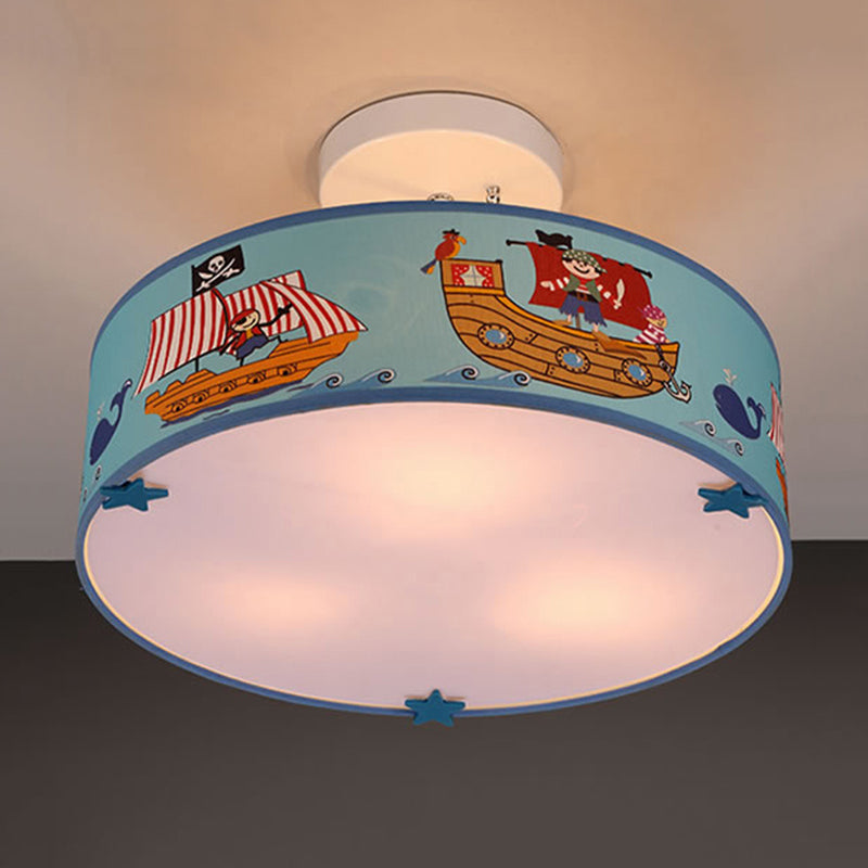 Kindergarten Drum Semi Flushmount Light Acrylic 3 Lights Blue Ceiling Light with Ship Clearhalo 'Ceiling Lights' 'Close To Ceiling Lights' 'Close to ceiling' 'Semi-flushmount' Lighting' 173861