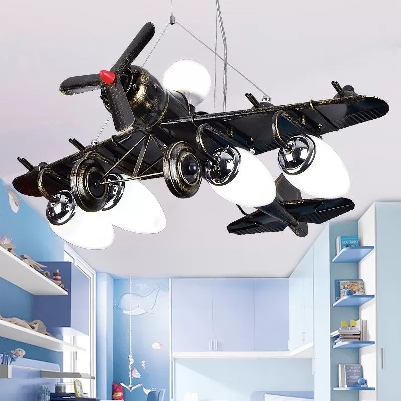 Cool Fighter Airplane Pendant Light Metal 5 Lights Pendant Lamp for Kindergarten Bedroom Black Clearhalo 'Ceiling Lights' 'Chandeliers' Lighting' options 17386_c185c99e-0979-4634-97f1-4a5d8a926cda