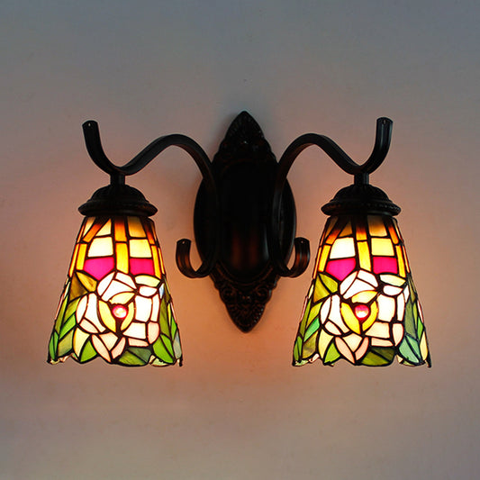 2 Heads Floral Wall Mount Light Fixture Victorian Black Stained Glass Sconce Lighting Black Clearhalo 'Cast Iron' 'Glass' 'Industrial' 'Middle century wall lights' 'Modern' 'Tiffany wall lights' 'Tiffany' 'Traditional wall lights' 'Wall Lamps & Sconces' 'Wall Lights' Lighting' 173882