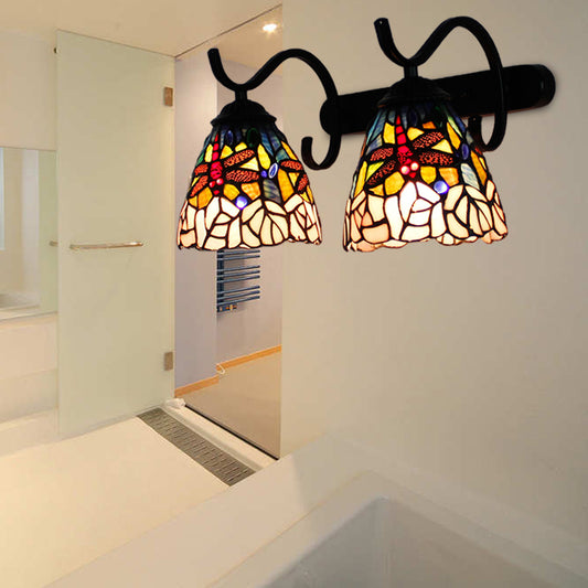 Country Style Dragonfly Wall Lighting Stained Glass Double Sconce Light with Curved Arm in Black Clearhalo 'Industrial' 'Middle century wall lights' 'Tiffany wall lights' 'Tiffany' 'Wall Lamps & Sconces' 'Wall Lights' Lighting' 173901